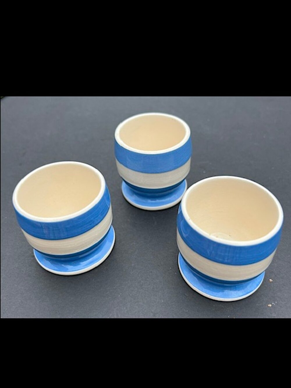 Blue And White Striped Egg Cups Marked Made in England Lot of 3